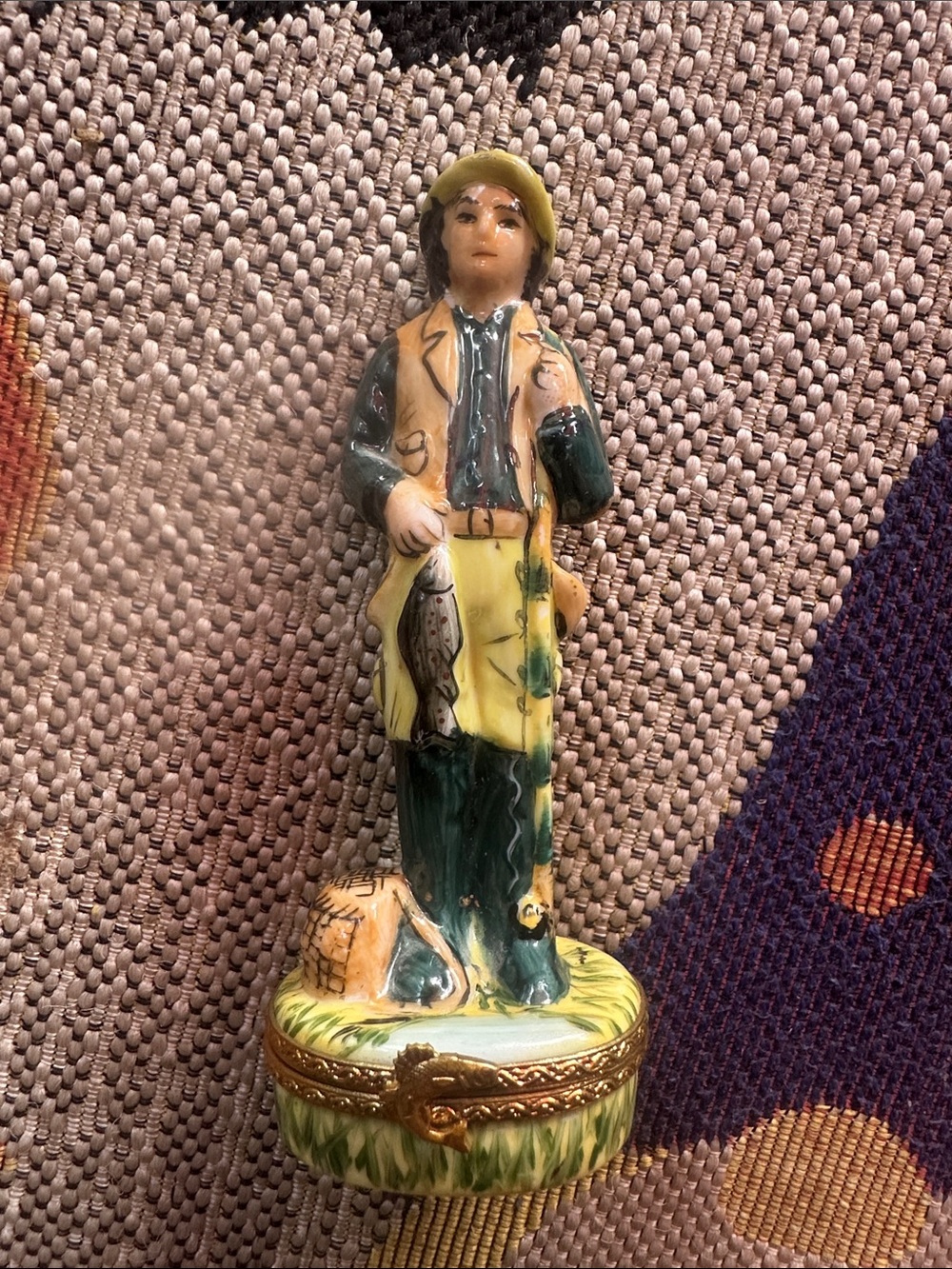 Stunning Authentic Vintage Limoges France Figural Fisherman Trinket Box